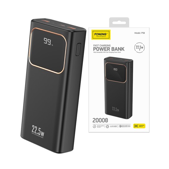 Foneng Power Bank P58 with LCD Digital Display 20000mAh 22.5W PD+QC Black Foneng Power Bank P58 with LCD Digital Display 20000mAh 22.5W PD+QC Black